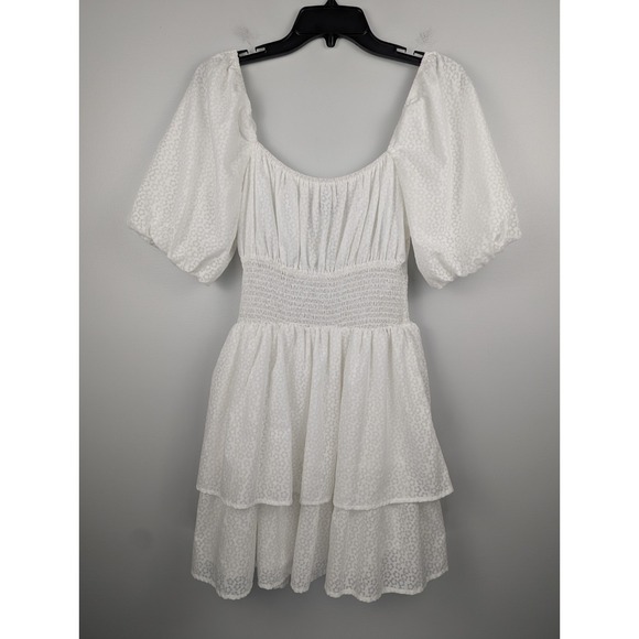 Lulus Tiers To Me White Puff Sleeve Tiered Dress Mini Skater M Off‎ The Shoulder - Picture 3 of 13